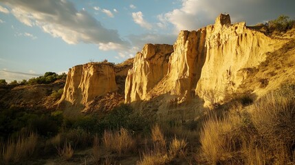 Natural rock formations illuminated by sunset in a desert landscape with sparse vegetation