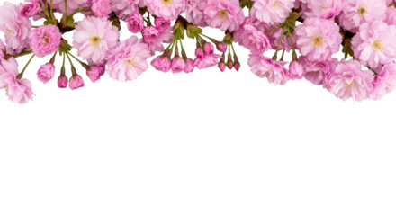 Isolated flowering cherry tree branches, beautiful pink blossoms, spring season, top border