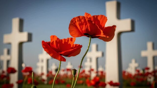 Vibrant red poppies sway gently in the breeze, framed by white crosses in a solemn remembrance day scene, camera pans to capture the serene atmosphere - Powered by Adobe