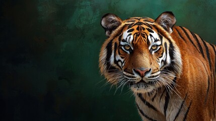 Fototapeta premium Stunning tiger portrait showcasing intricate details of its fur and vivid expression against a dark, lush background