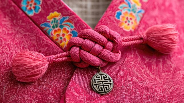 Vibrant hanbok fabric with intricate knots showcasing traditional korean craftsmanship for cultural celebrations