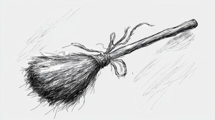 Obraz premium Crafting a traditional broom featuring a natural wooden handle and bristles tied with twine, ideal for decorative purposes or practical use in a rustic setting