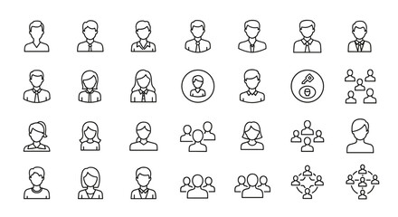 Set of user line icons. People avatar, person, profile, and group symbols. Pictogram for business, team, community, leadership, communication, and social network. Key person.