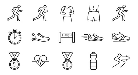 Running and marathon line icon set. Vector symbols of runner, sport, fitness, workout, jogging, speed, winner, medal, finish, route, shoes, stopwatch, heart rate.