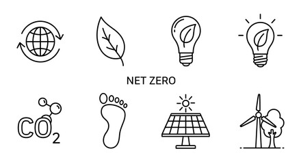 Net Zero Concept Icons, Sustainability and Environmental Protection Symbols, Renewable Energy Light Bulb, Solar Panel, Wind Turbine, Carbon Footprint, CO2 Emission Reduction