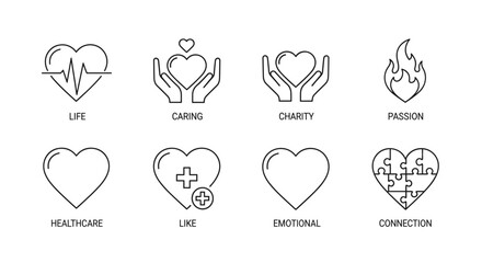 Heart icons set with life, caring, charity, passion, healthcare, like, emotional, and connection, love symbols collection, health and emotion vector line art