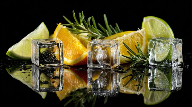 Ice cubes, citrus slices, and herbs styled on reflective black surface - Powered by Adobe