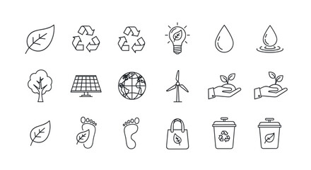 Ecology and environment icon set. Thin line icons for sustainability, recycling, green energy. Vector symbols of nature, conservation, renewable resources, and eco friendly concepts.