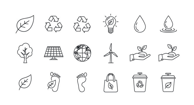 Ecology and environment icon set. Thin line icons for sustainability, recycling, green energy. Vector symbols of nature, conservation, renewable resources, and eco friendly concepts.