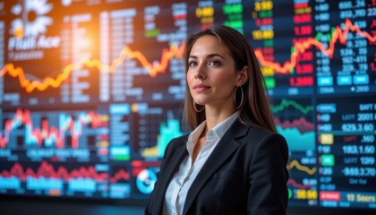 Businesswoman standing in front of financial market data screen.