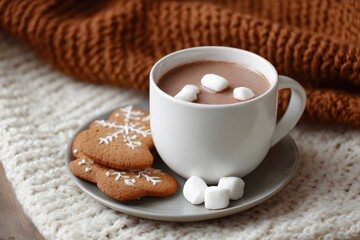 Hot cocoa with marshmallows and gingerbread cookies on a cozy blanket