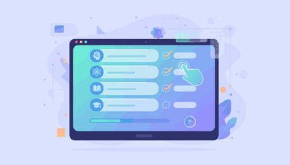 Digital Survey Form Concept: Interactive Questionnaire on Tablet with Checkboxes, Hand Cursor, and Educational Icons Representing Online Learning and Progress Tracking