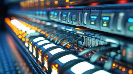 Data center racks filled with servers displaying illuminated indicators and connected cables at night - Powered by Adobe