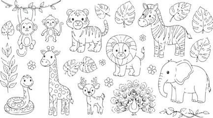 Fototapeta premium Black and white line art jungle safari animals vector set for kids coloring pages