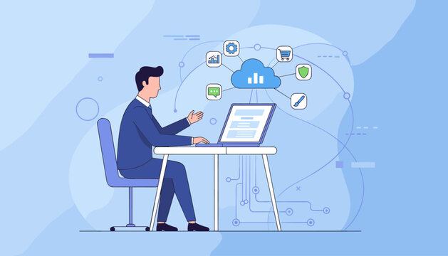 SaaS Software as a Service Cloud Computing Concept with Connected Devices and Network Icons, Digital Technology and Internet Services for Business Growth and Data Management