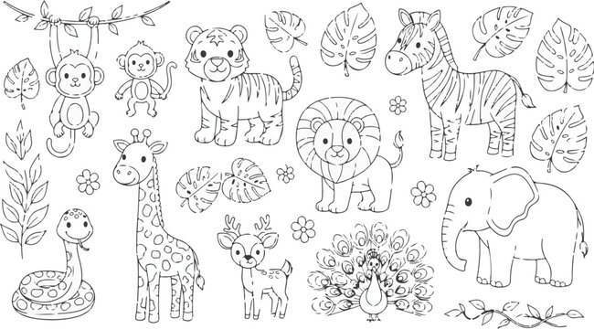 Black and white line art jungle safari animals vector set for kids coloring pages