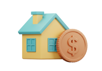 Isolated 3D yellow house near a big coin with dollar symbol to represent real estate investment