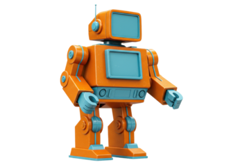 Isolated toy robot character with boxy design in orange and blue stands with arms down