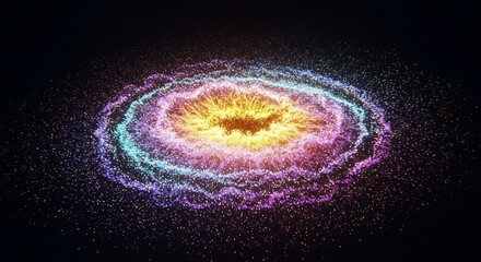 Vibrant cosmic energy vortex of glowing particles creating an abstract galaxy-like spiral, radiating ethereal light and dynamic movement against a dark, endless background
