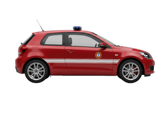 Isolated red emergency vehicle side view, emergency services transportation for firefighter duties