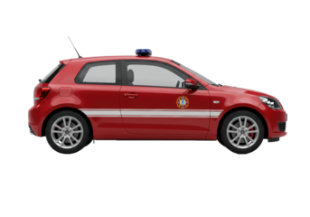 Isolated red emergency vehicle side view, emergency services transportation for firefighter duties