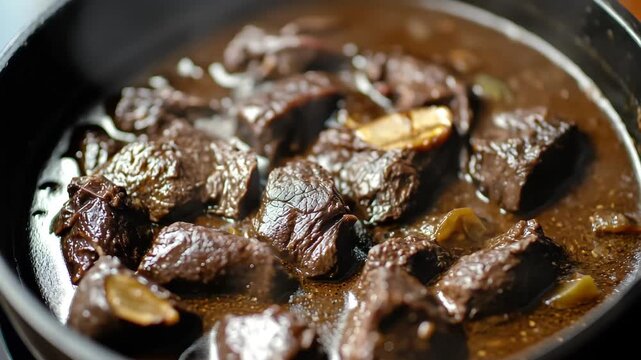 Tender chunks of beef simmering in rich dark sauce in a cast iron pot