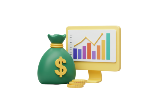 Isolated investment growth illustration with dollar symbol bag, coins and finance graph chart