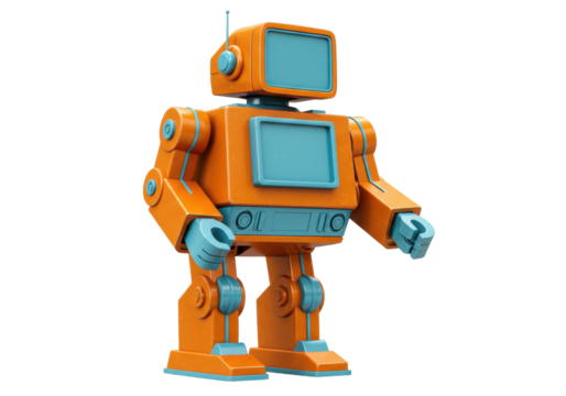 Isolated toy robot character with boxy design in orange and blue stands with arms down