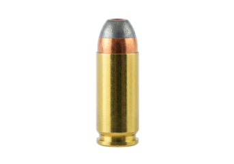 Isolated 45 ACP handgun cartridge, firearm ammo for self defense in golden color