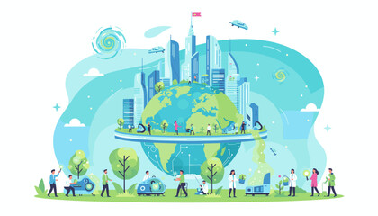 Futuristic eco-friendly city on planet Earth with people engaged in science and technology, showcasing sustainable urban development and environmental care with flying cars and green energy.
