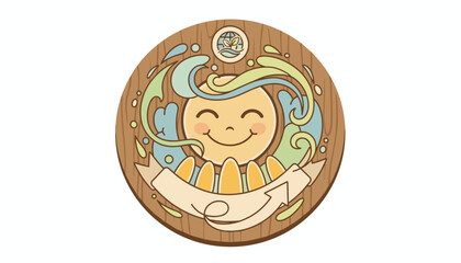 Charming Wooden Label Featuring a Joyful Sun Character Surrounded by Flowing Water and Greenery, Symbolizing Environmental Harmony and Positive Energy, Perfect for Eco-Friendly Brands