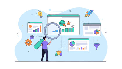 Digital Marketing Strategy and SEO Analysis Concept: A Person Examining Website Analytics, Charts, Graphs, and a Rocket Launching for Business Growth and Online Success
