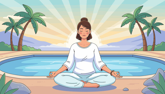 Serene Woman Meditating in Lotus Pose by Poolside with Palm Trees and Sunrise, Practicing Yoga for Inner Peace and Mindfulness