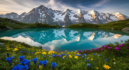 Majestic Alpine Lake Reflection with Vibrant Wildflowers and SnowCapped Mountains.