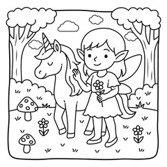Cute Fairy with Unicorn Friend | Enchanted Woodland Coloring Page for Kids