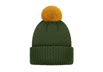 Isolated green knit cap with an orange pompom for winter or fall season apparel