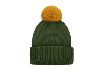 Isolated green knit cap with an orange pompom for winter or fall season apparel