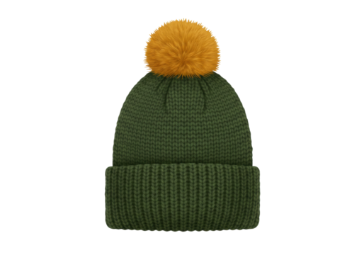Isolated green knit cap with an orange pompom for winter or fall season apparel