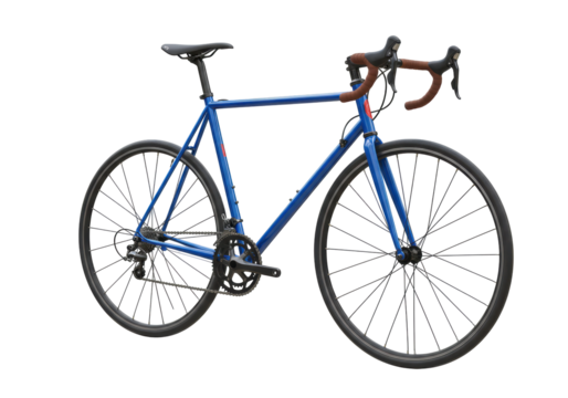 Isolated blue road bike on display for sale, a modern racing bicycle with drop handlebars