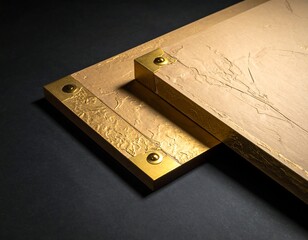 Angled view of two rectangular wooden surfaces, gold trim, secured by brass rivets