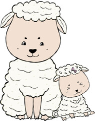 Cute mother  sheep and shy lamb sitting  together with mother-child bond flat design cartoon