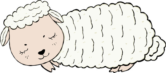 Cute sheep sleeping with calm smiling face hand drawing flat cartoon design