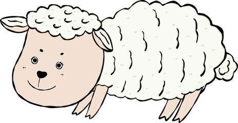 Cute white sheep with funny face standing hand drawing flat design cartoon