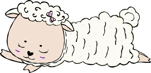 Cute sheep sleeping with smiling face hand drawing cartoon design
