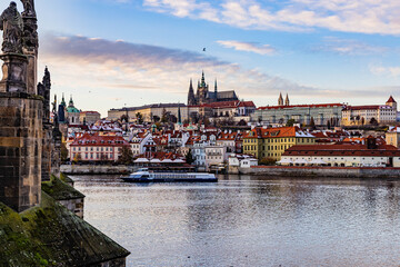 Prague, Czech Repoulbic - 11.23.2023: The city, castle and river during a beautiful sunset