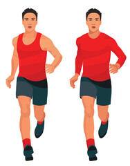 Vector isolated figures of a training Chinese runner in red seasonal sportswear on a white background