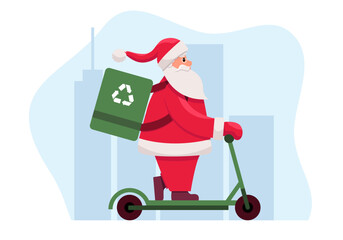 Eco Friendly Sustainable Christmas. Santa Riding a Scooter. Flat Vector illustration.