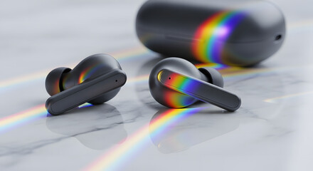 Modern Wireless Earbuds with Colorful Rainbow Light Spectrum.