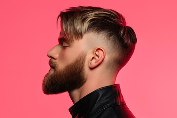 Modern Fade Haircut with Full Beard &ndash; Fashion Profile Portrait on Pink Background.