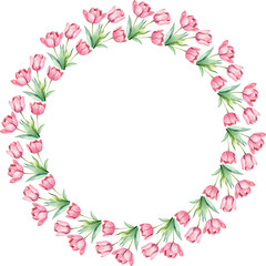 Obraz premium Watercolor tulip outline frame. Round frame of spring flowers. tulips arranged in a circle. Vector flat frame isolated on a white background.